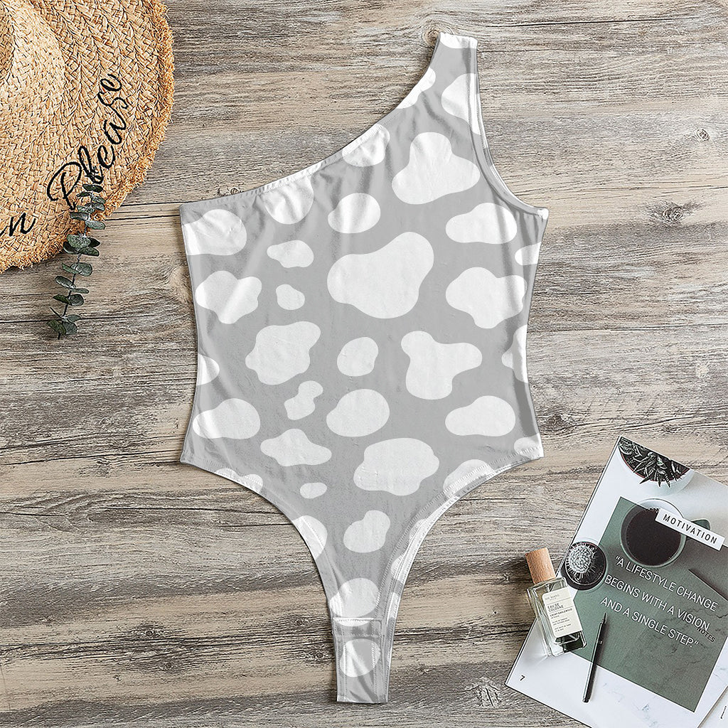 White And Grey Cow Print One Shoulder Bodysuit