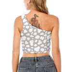 White And Grey Cow Print One Shoulder Crop Top