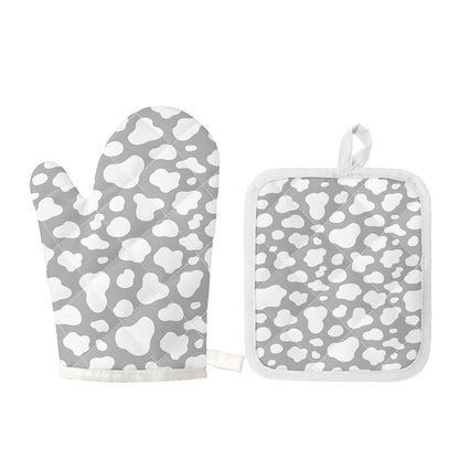 White And Grey Cow Print Oven Mitt And Pot Holder Set