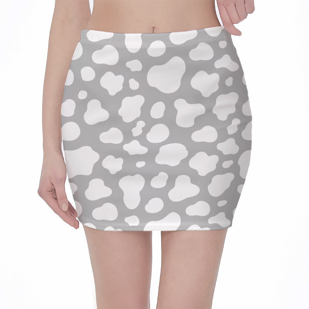 White And Grey Cow Print Pencil Mini Skirt