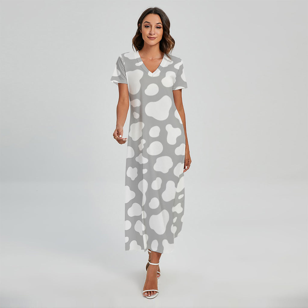 White And Grey Cow Print Short Sleeve Maxi Dress