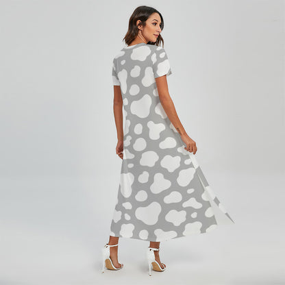 White And Grey Cow Print Short Sleeve Maxi Dress