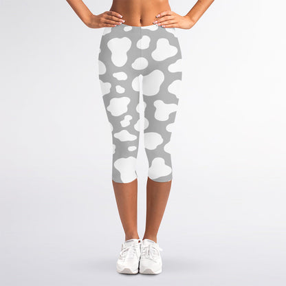 White And Grey Cow Print Women's Capri Leggings