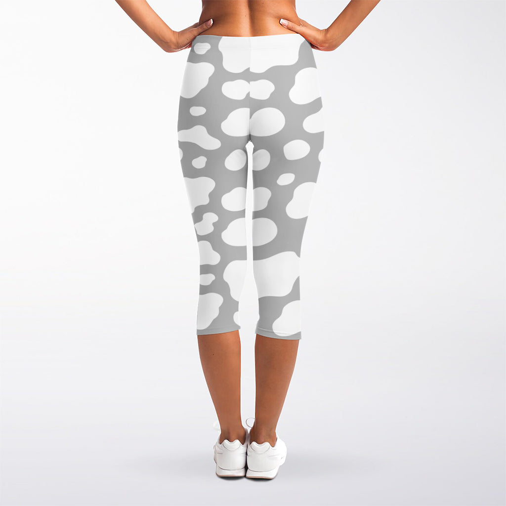 White And Grey Cow Print Women's Capri Leggings