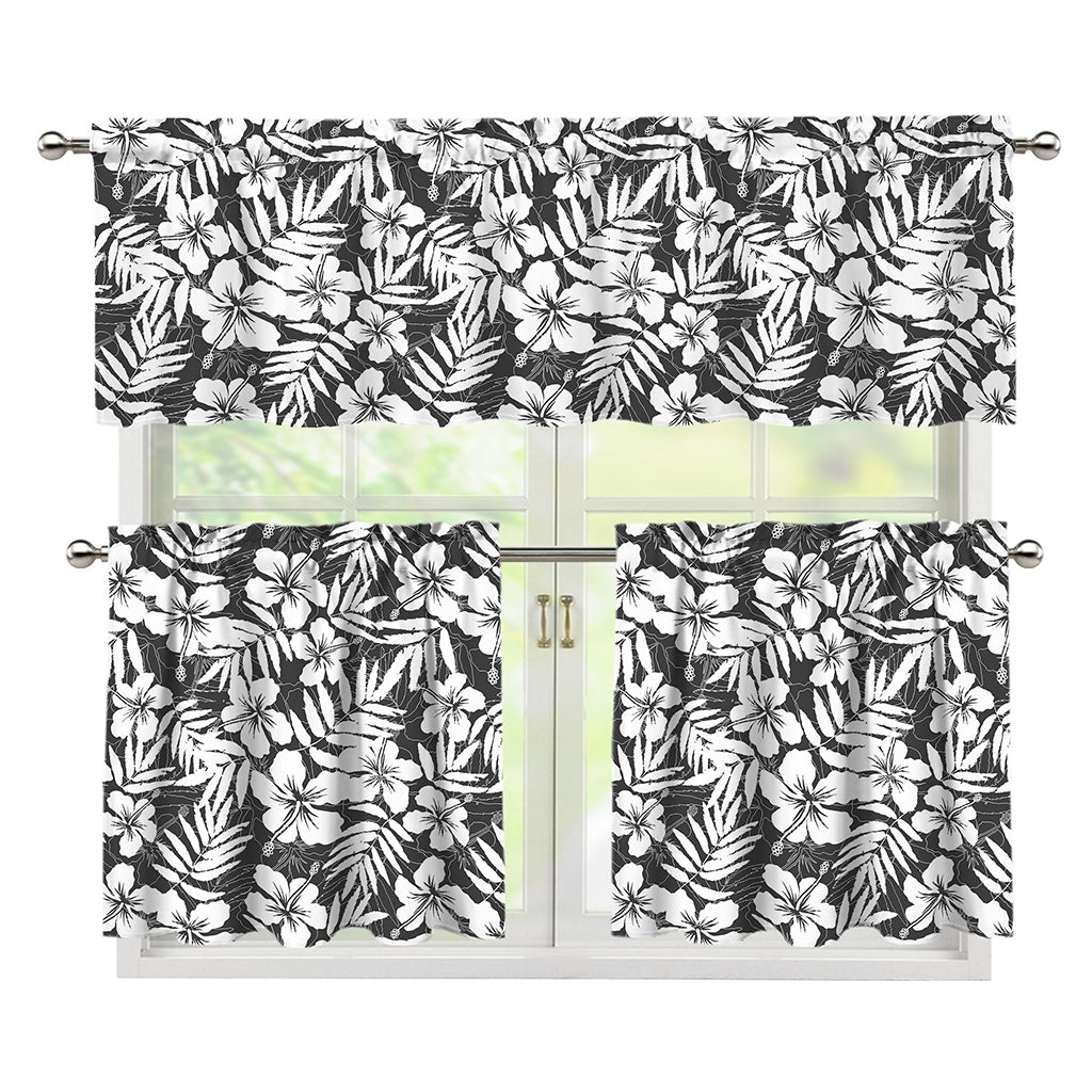 White And Grey Hawaiian Pattern Print 3 Piece Kitchen Curtains