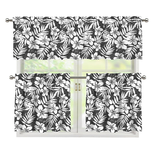 White And Grey Hawaiian Pattern Print 3 Piece Kitchen Curtains