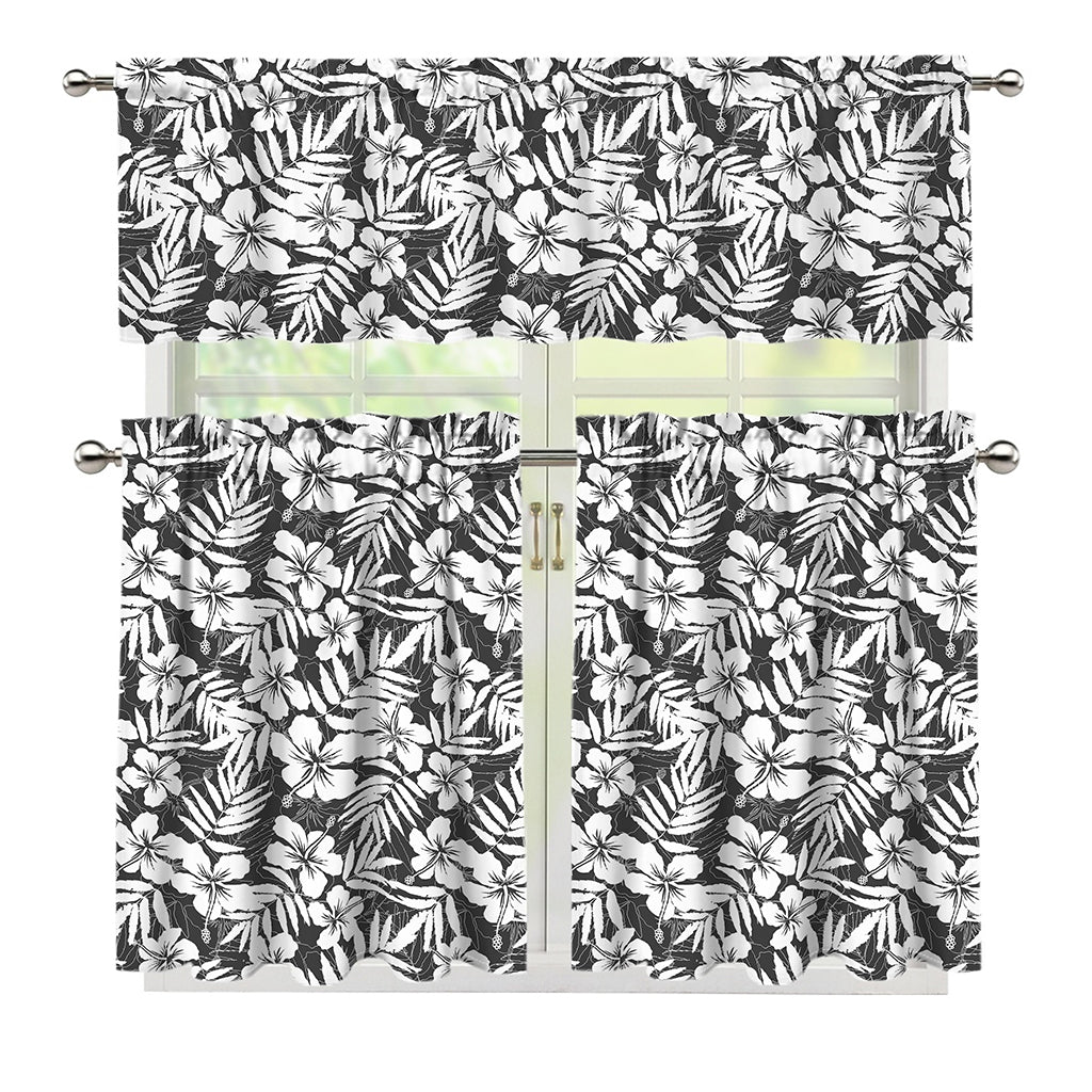 White And Grey Hawaiian Pattern Print 3 Piece Kitchen Curtains