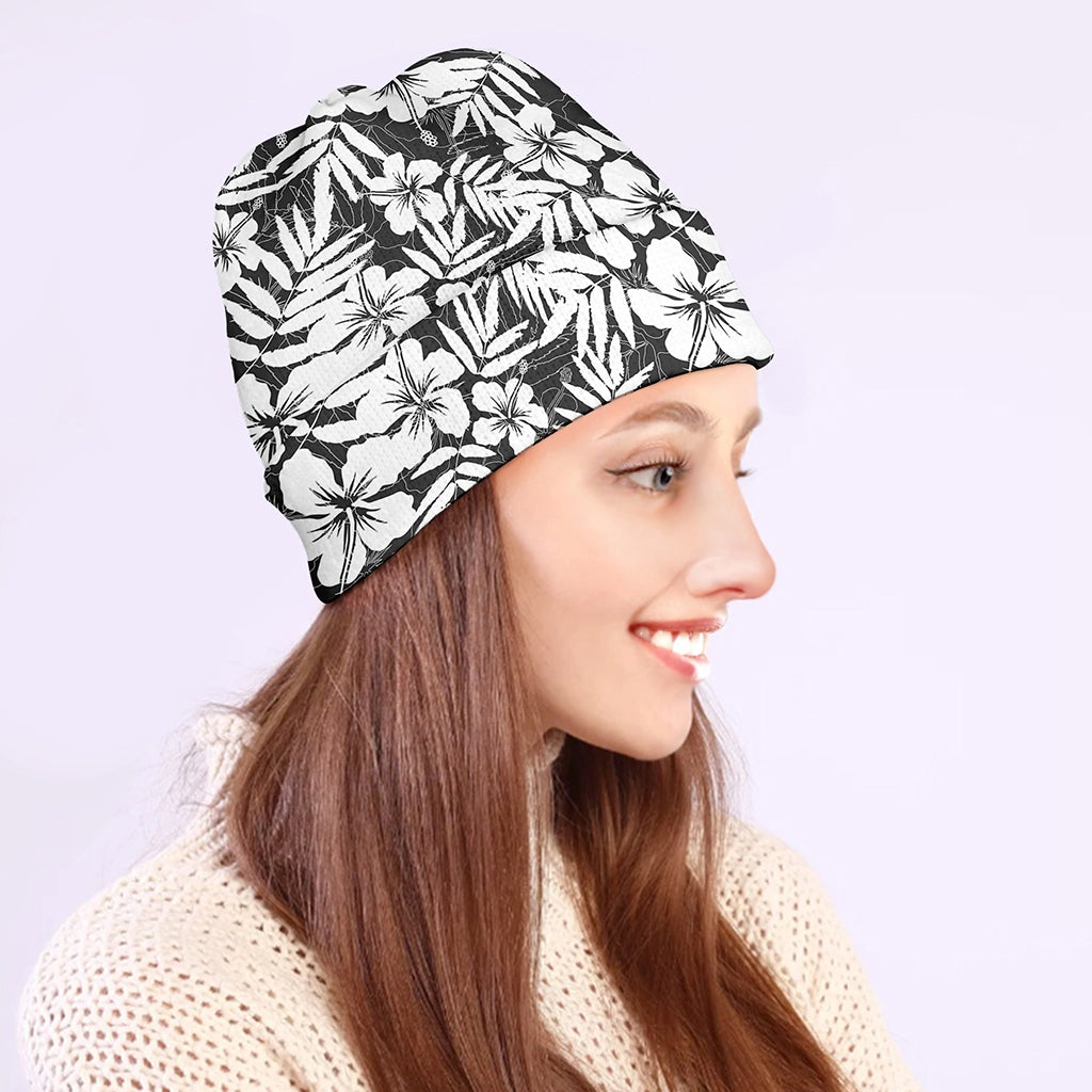 White And Grey Hawaiian Pattern Print Beanie