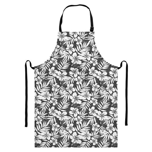 White And Grey Hawaiian Pattern Print Bib Apron With Pocket