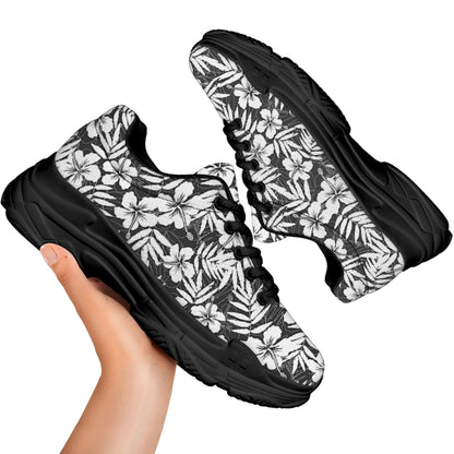 White And Grey Hawaiian Pattern Print Black Chunky Shoes