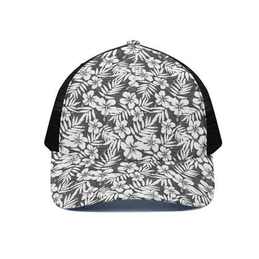White And Grey Hawaiian Pattern Print Black Mesh Trucker Cap