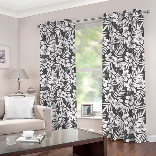 White And Grey Hawaiian Pattern Print Blackout Grommet Curtains