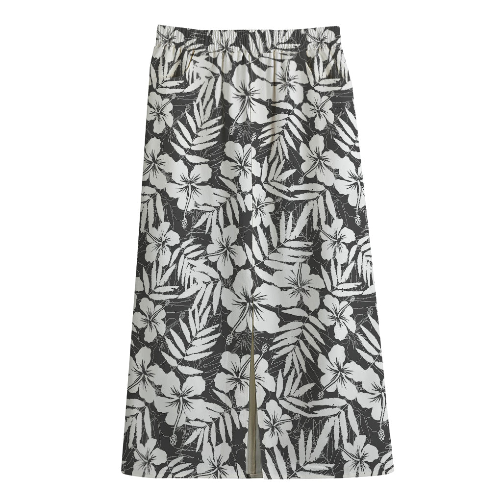 White And Grey Hawaiian Pattern Print Cotton Front Slit Maxi Skirt