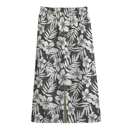 White And Grey Hawaiian Pattern Print Cotton Front Slit Maxi Skirt