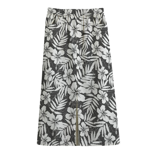 White And Grey Hawaiian Pattern Print Cotton Front Slit Maxi Skirt