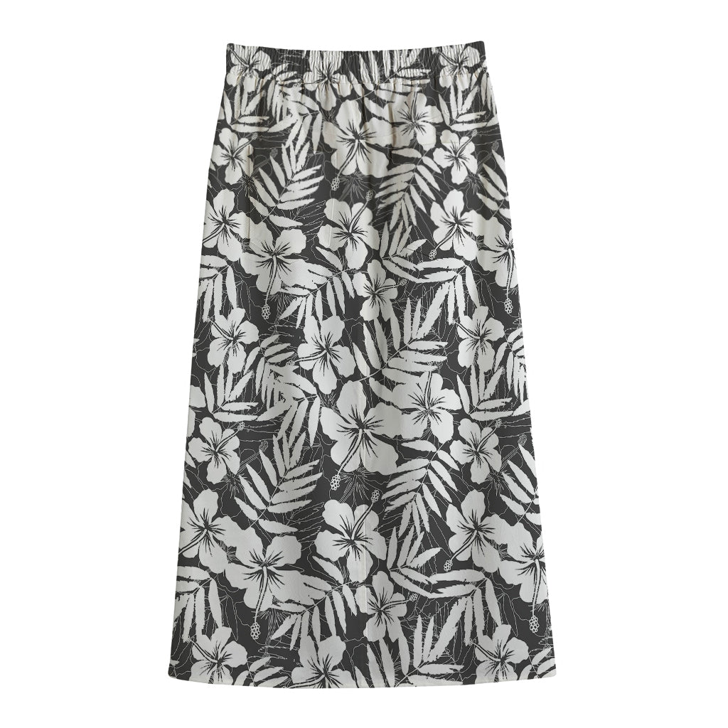White And Grey Hawaiian Pattern Print Cotton Front Slit Maxi Skirt