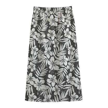 White And Grey Hawaiian Pattern Print Cotton Front Slit Maxi Skirt