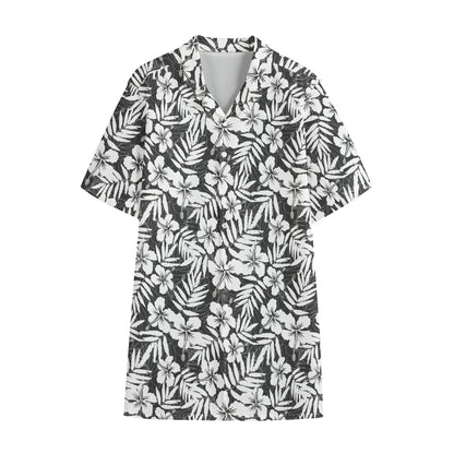 White And Grey Hawaiian Pattern Print Cotton Hawaiian Shirt