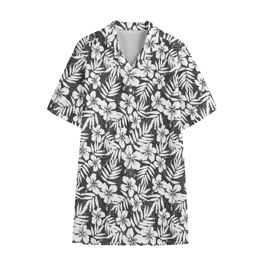 White And Grey Hawaiian Pattern Print Cotton Hawaiian Shirt