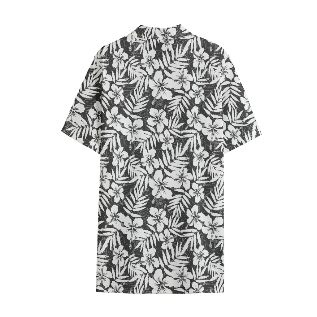 White And Grey Hawaiian Pattern Print Cotton Hawaiian Shirt