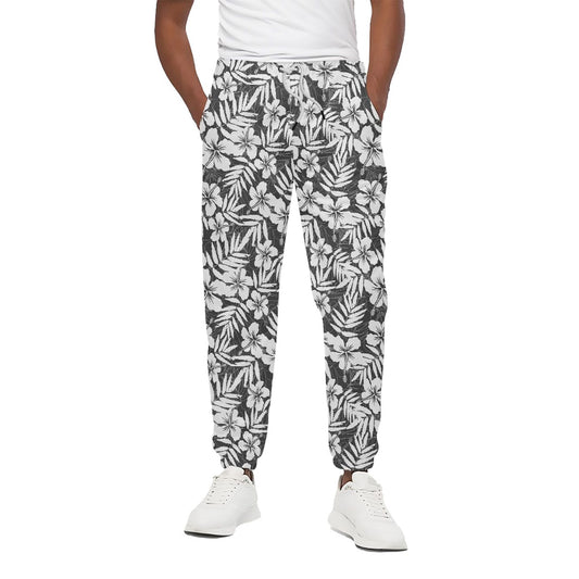 White And Grey Hawaiian Pattern Print Cotton Pants