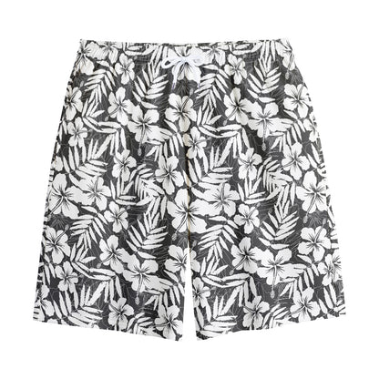 White And Grey Hawaiian Pattern Print Cotton Shorts