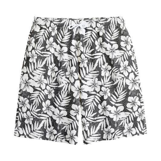 White And Grey Hawaiian Pattern Print Cotton Shorts
