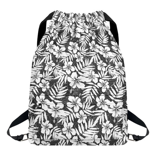 White And Grey Hawaiian Pattern Print Drawstring Backpack