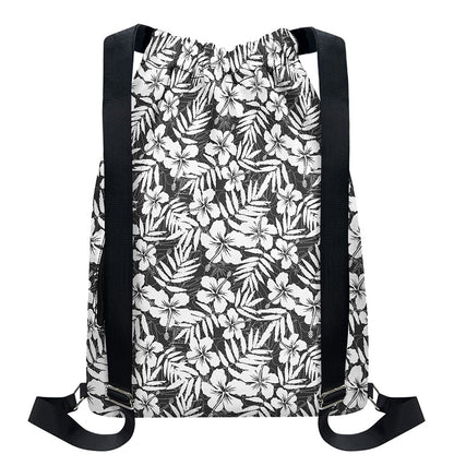 White And Grey Hawaiian Pattern Print Drawstring Backpack