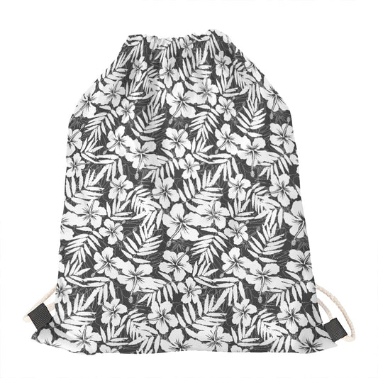 White And Grey Hawaiian Pattern Print Drawstring Bag