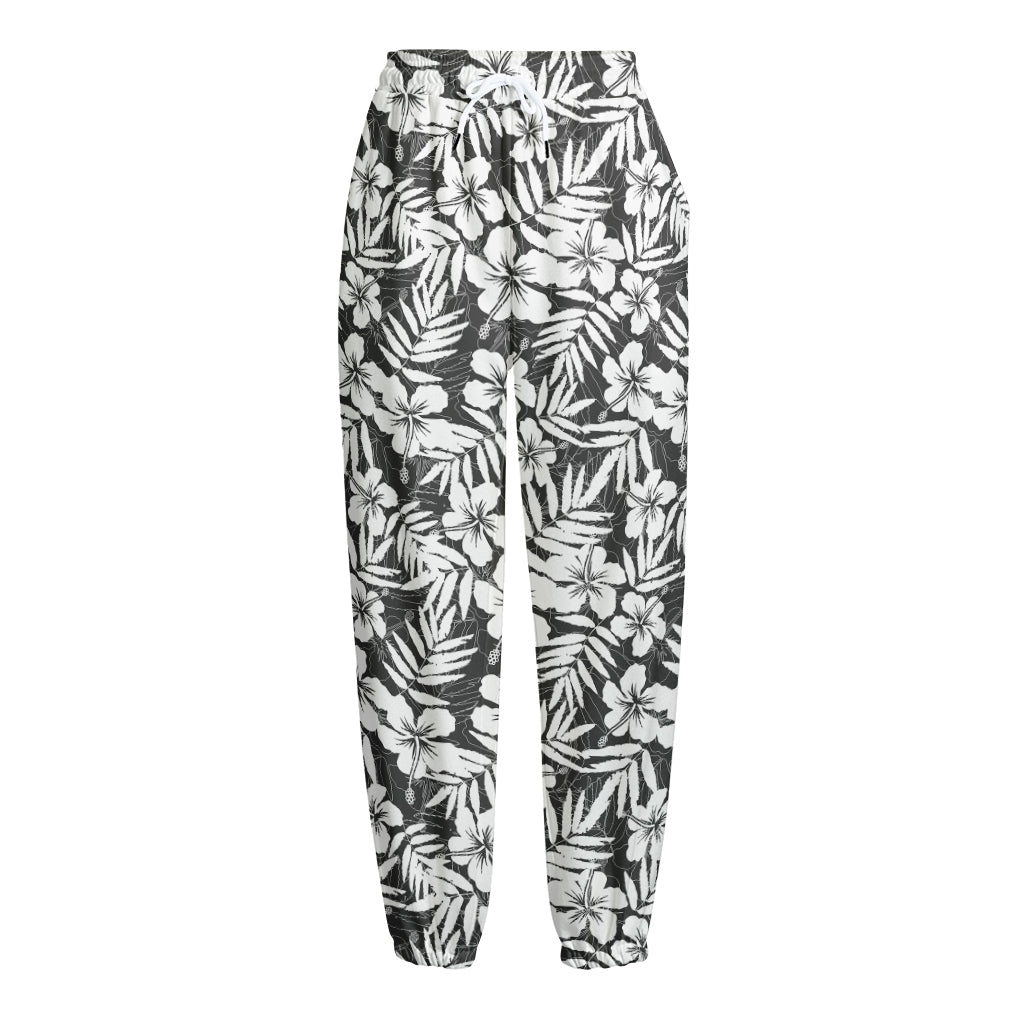 White And Grey Hawaiian Pattern Print Fleece Lined Knit Pants