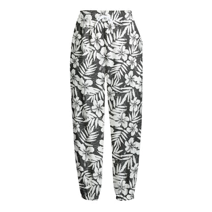 White And Grey Hawaiian Pattern Print Fleece Lined Knit Pants