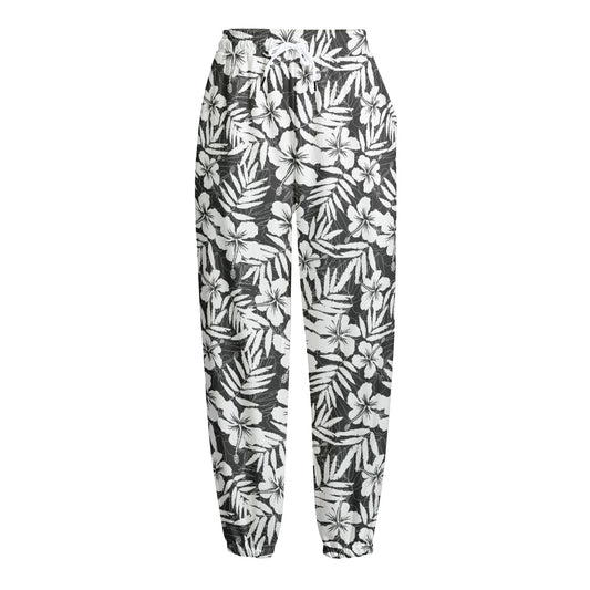 White And Grey Hawaiian Pattern Print Fleece Lined Knit Pants