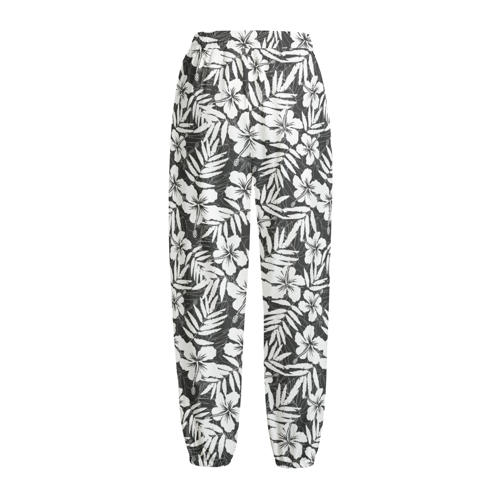 White And Grey Hawaiian Pattern Print Fleece Lined Knit Pants