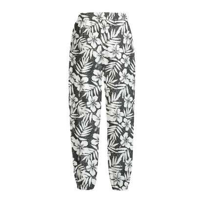 White And Grey Hawaiian Pattern Print Fleece Lined Knit Pants