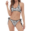 White And Grey Hawaiian Pattern Print Halter Scoop Tie Side Bikini