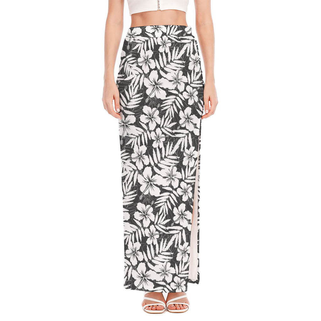 White And Grey Hawaiian Pattern Print High Slit Maxi Skirt