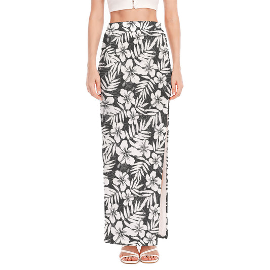 White And Grey Hawaiian Pattern Print High Slit Maxi Skirt