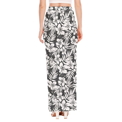 White And Grey Hawaiian Pattern Print High Slit Maxi Skirt