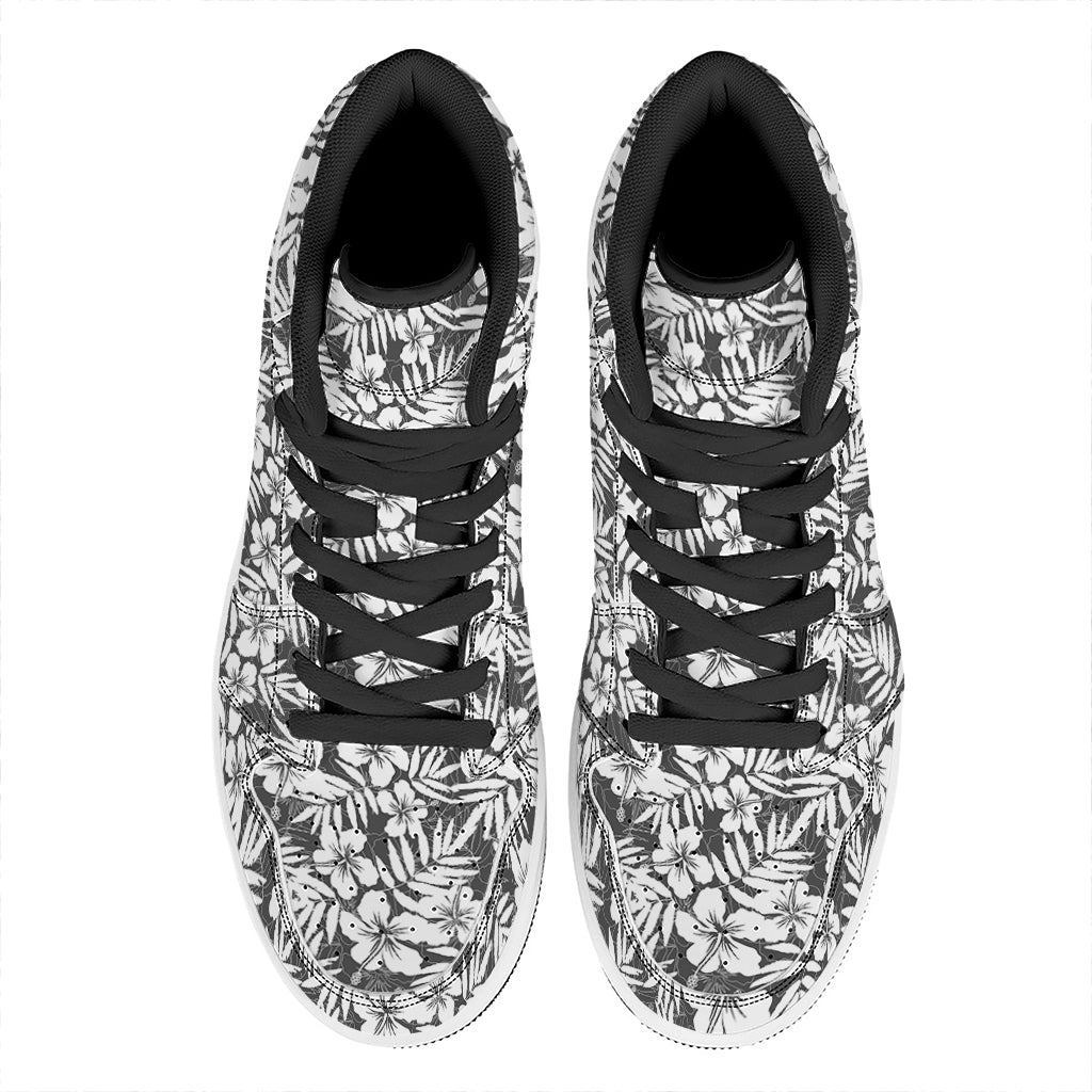 White And Grey Hawaiian Pattern Print High Top Leather Sneakers