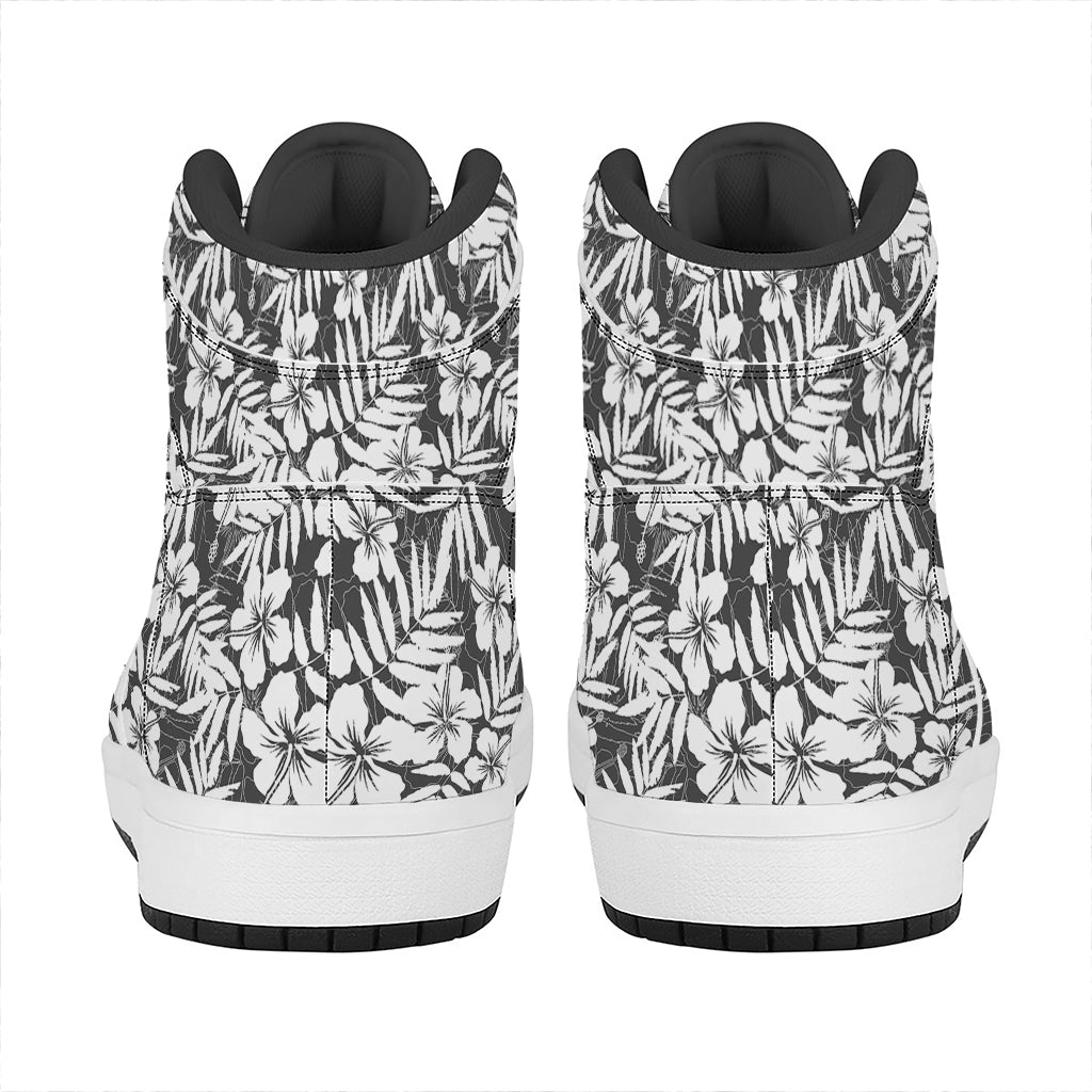 White And Grey Hawaiian Pattern Print High Top Leather Sneakers