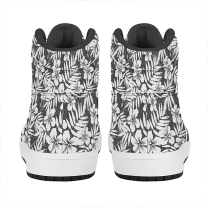 White And Grey Hawaiian Pattern Print High Top Leather Sneakers