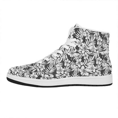 White And Grey Hawaiian Pattern Print High Top Leather Sneakers
