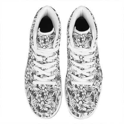 White And Grey Hawaiian Pattern Print High Top Leather Sneakers