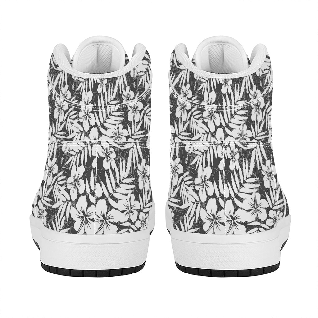 White And Grey Hawaiian Pattern Print High Top Leather Sneakers