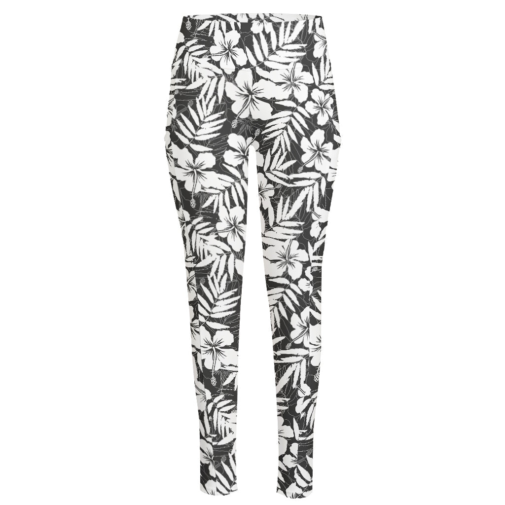 White And Grey Hawaiian Pattern Print High-Waisted Pocket Leggings