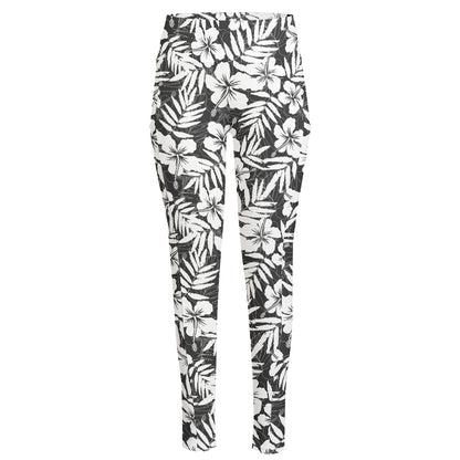 White And Grey Hawaiian Pattern Print High-Waisted Pocket Leggings