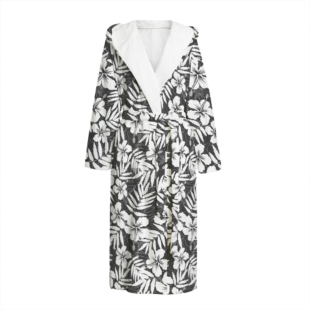 White And Grey Hawaiian Pattern Print Hooded Bathrobe