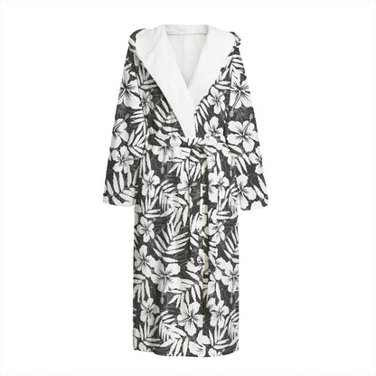 White And Grey Hawaiian Pattern Print Hooded Bathrobe