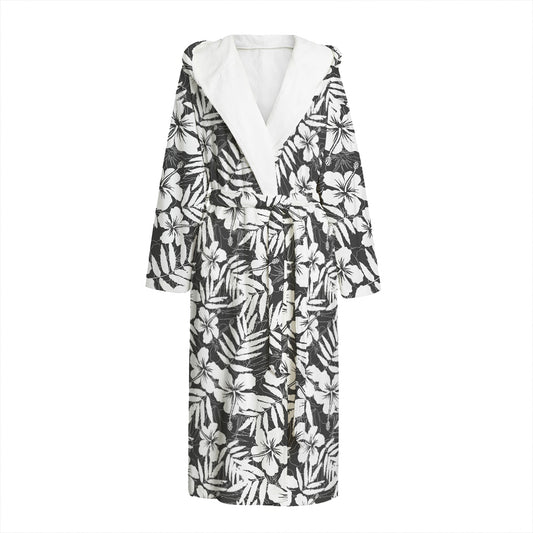 White And Grey Hawaiian Pattern Print Hooded Bathrobe